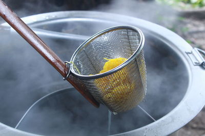 High angle view of drink in container