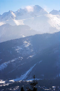 High angle view of snowcapped mountains against sky