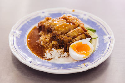 High angle view of breakfast served on table