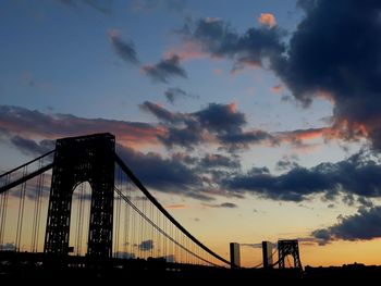 Low angle view of suspension bridge against cloudy sky