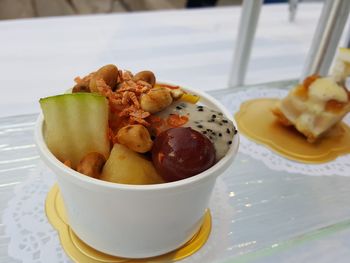 High angle view of breakfast on table