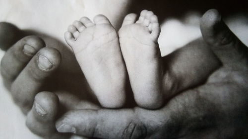 Cropped hands of parent holding feet of baby