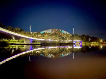Reflection of illuminated bridge over river against sky at night