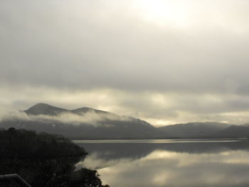 Scenic view of lake against cloudy sky