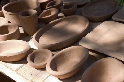 High angle view of earthenware on table