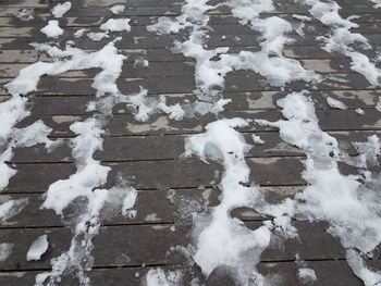 High angle view of snow covered footpath