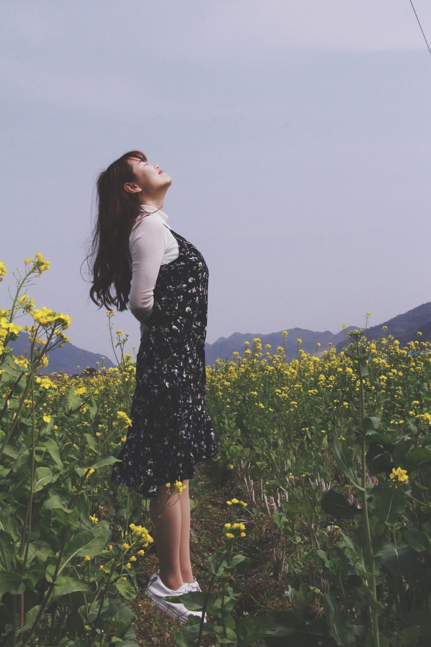 flower, one woman only, mid adult, standing, one person, adults only, only women, sky, adult, leisure activity, people, women, beauty, outdoors, beautiful woman, cheerful, bouquet, day, nature, human body part