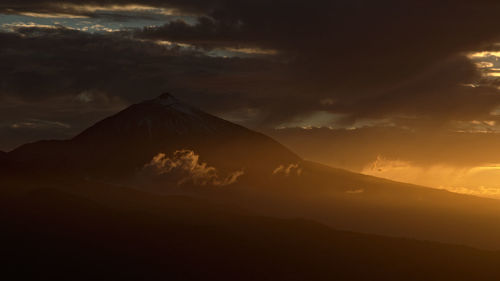 Scenic view of silhouette mountain against sky during sunset