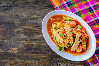 High angle view of meal served on table