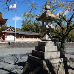 Exterior of temple by building against sky