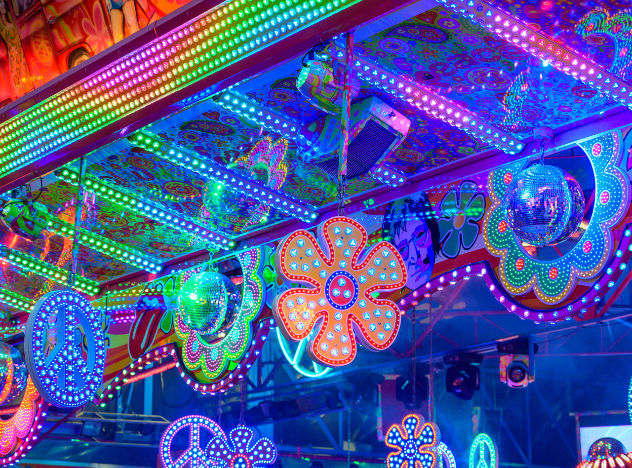 multi colored, illuminated, no people, pattern, disco, lighting equipment, psychedelic art, decoration, architecture, neon, night