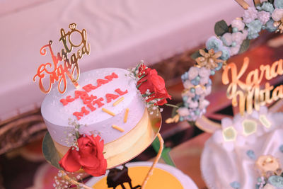 Close-up of engagement cake 