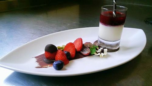 Close-up of food served on table