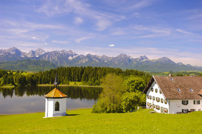 Scenic view of grassy field by lake against sky