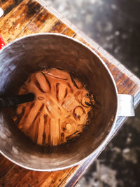 High angle view of drink in bowl on table