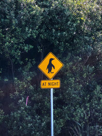 Road sign against trees