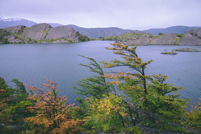 Scenic view of lake and mountains against sky