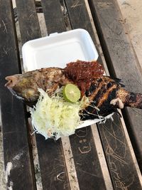 High angle view of meal served on table