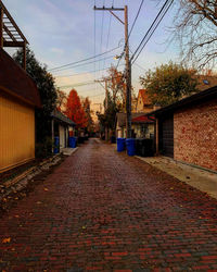 Footpath amidst buildings against sky during autumn