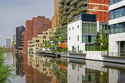 Colorful row of modern buildings reflecting in a canal in the zuidas district