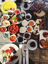 High angle view of breakfast on table