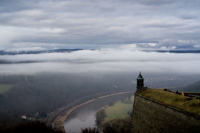 Aerial view of building against cloudy sky