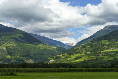 Scenic view of landscape and mountains against sky