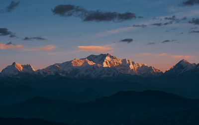 Dawn on the peaks of majestic kangchenjunga range and  'sleeping buddha', viewed from sandakphu.