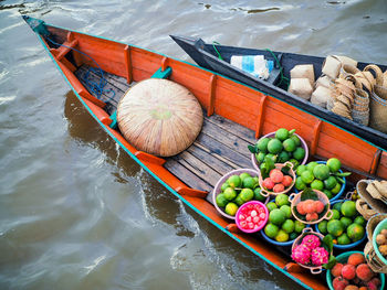 High angle view of objects in boats on lake