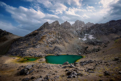 Scenic view of lake and mountains against sky