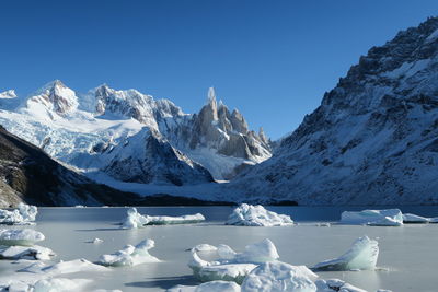 Scenic view of snowcapped mountains against clear sky