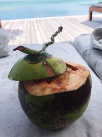 Close-up of fruits in plate on table