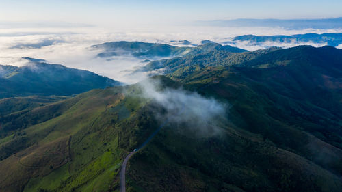 High angle view of mountains against sky