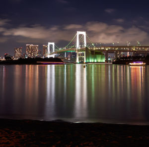 View of bridge over river against illuminated buildings