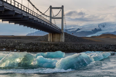 Bridge over frozen river against sky