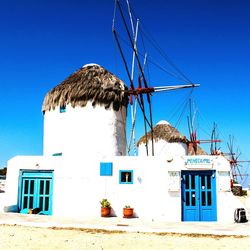 Low angle view of building against clear blue sky