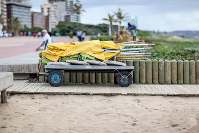 Parasols on cart at beach