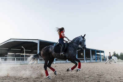 Young woman riding horse in farm during weekend