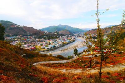 Scenic view of mountains against sky during autumn