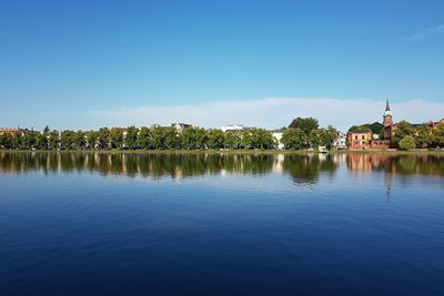 Scenic view of lake against blue sky