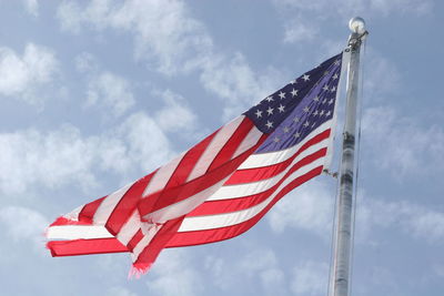 Low angle view of american flag against sky