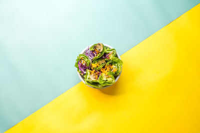 High angle view of green chili pepper on white background