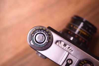 High angle view of camera on table