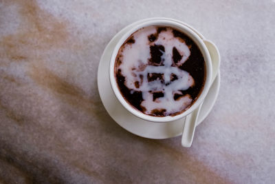 High angle view of coffee on table
