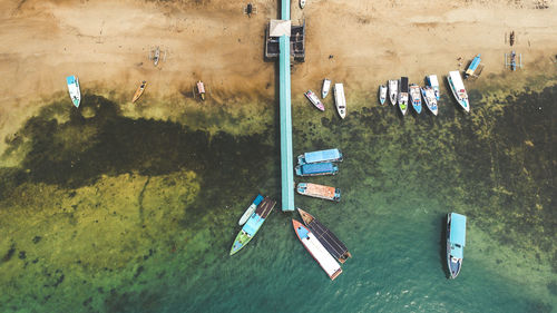 High angle view of boats moored in sea