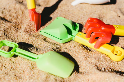 High angle view of toy car on sand