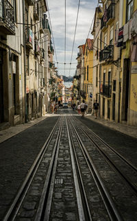 Tramway amidst buildings in city