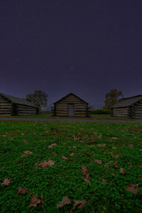 Plants growing on field by building against sky at night