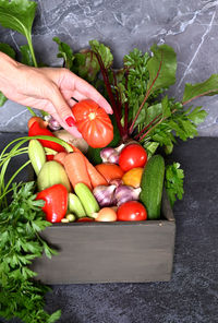 High angle view of vegetables on cutting board