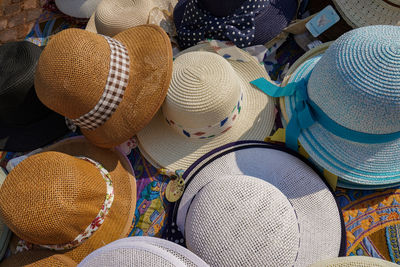 High angle view of hat for sale in market